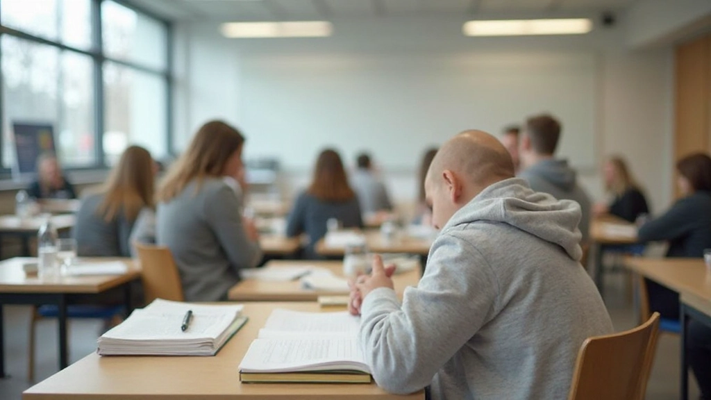 Nederlands leren in een modern klaslokaal met leerboeken en notities