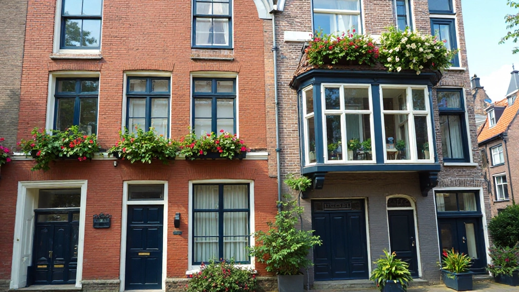Nederlandse klassieke gevel met ramen en bloemen in Amsterdam